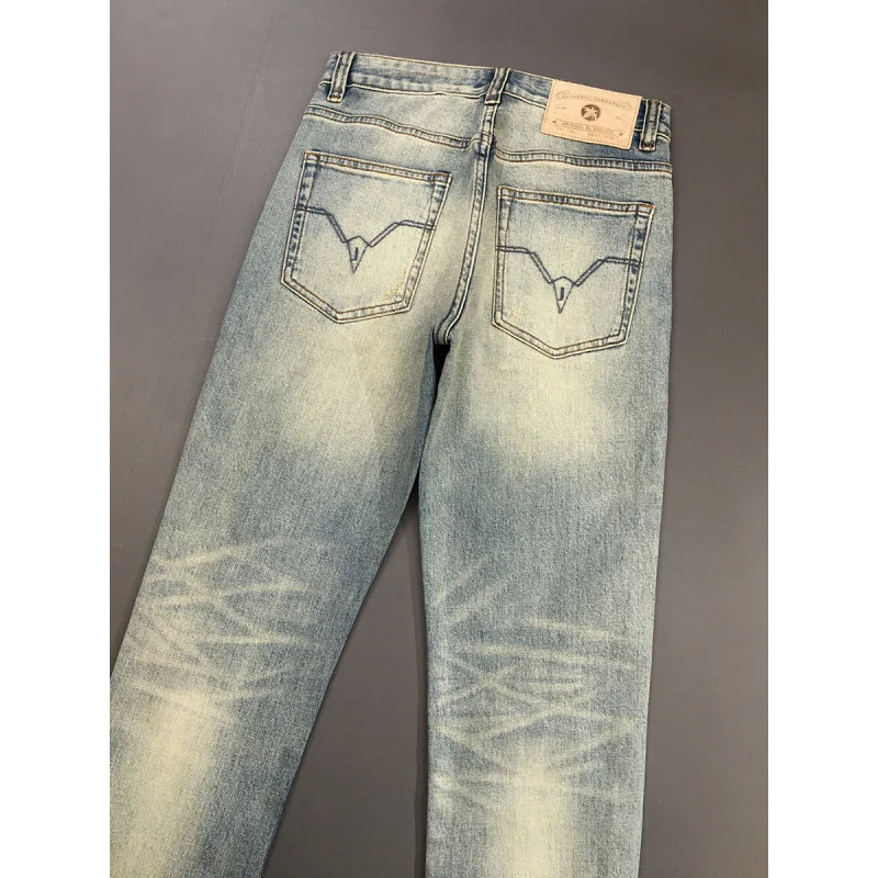 

Джинсы с потертыми нашивками в стиле ретро, новинка 2025, американский ностальгический уличный тренд, элитные облегающие маленькие прямые брюки