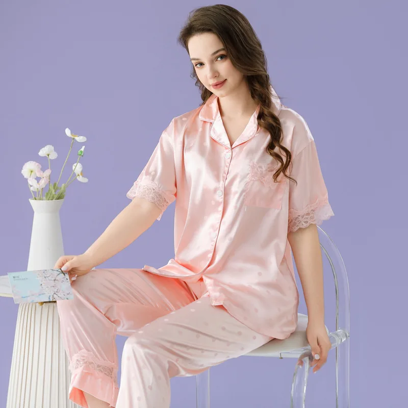 pink lace satin pajama sets 2 piece pants trouser ruffled lady outfit lounge women pijama sleepwear pajama nightwear pyjama