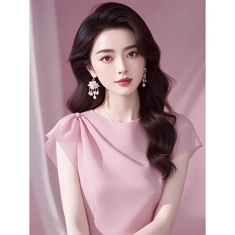 

Модная однотонная рубашка с короткими рукавами для женщин, французские шифоновые топы, летние