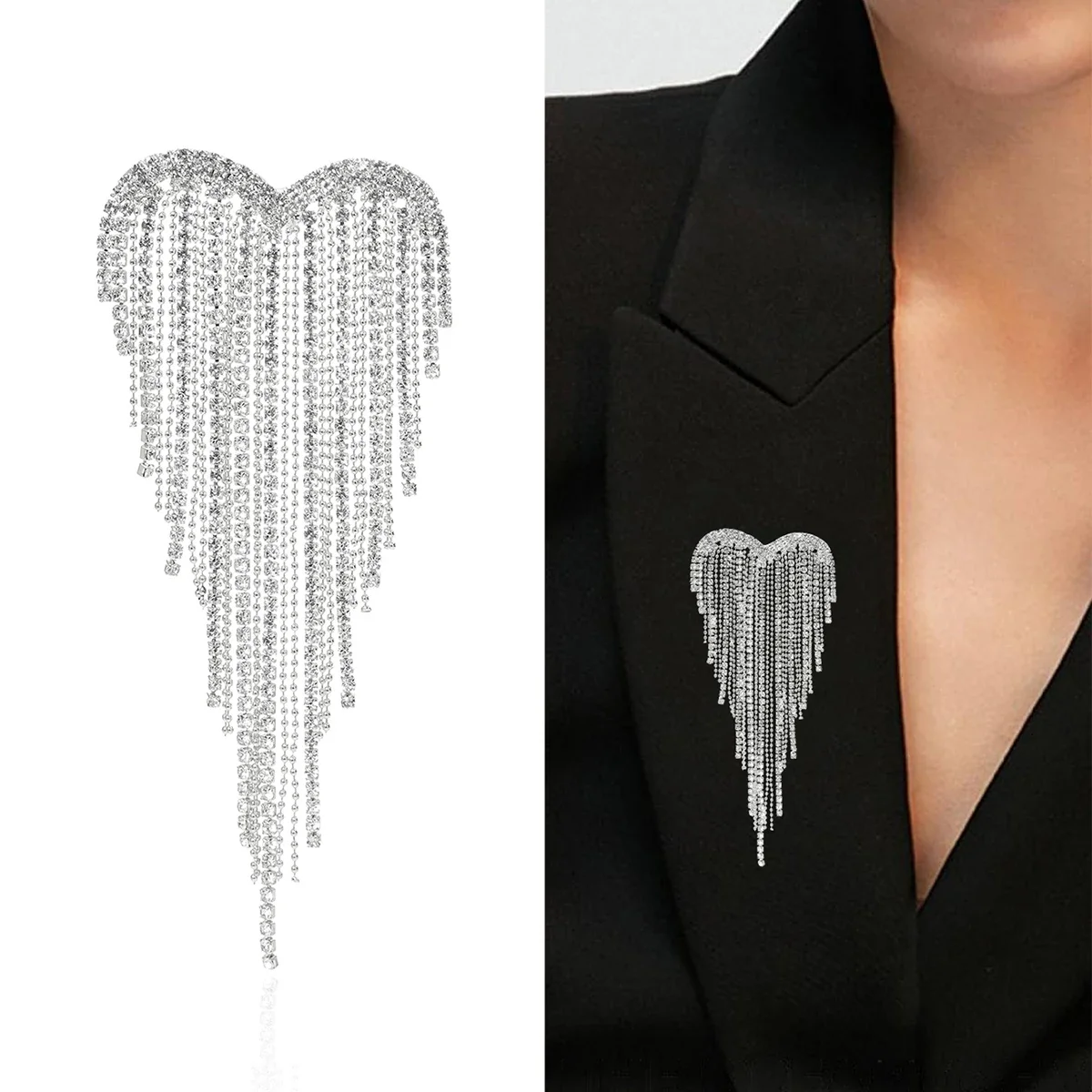 Tassel Heart Shape Brooches for Women Unisex Rhinestone Catching Chain Pins Office Party Friend Gifts Jewelry Accessories