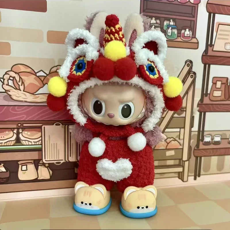 มินิตุ๊กตาเสื้อผ้าชุดอุปกรณ์เสริมสําหรับ 15-17 ซม.Labubu Idol Lion Dance Hood หมวกถักใหม่ปีเสื้อผ้าเสื้อผ้าของขวัญ