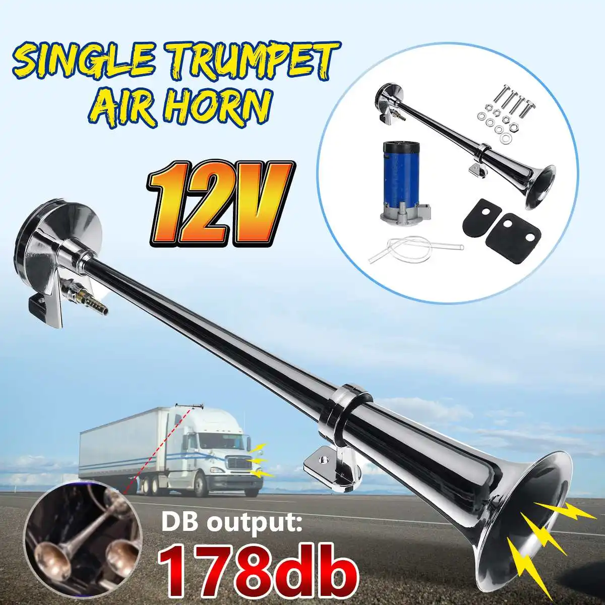 12V 178DB Car Horn Super Loud Single Trumpet Air Horn with Compressor for Car Truck Lorry Boat Train Black / Silver