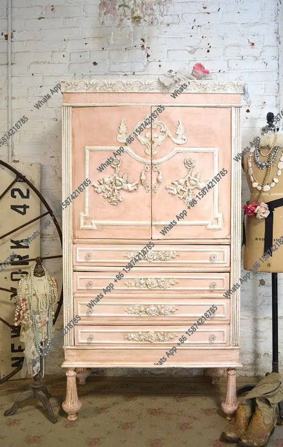 

Французский ретро-шкаф с двойными дверями, европейский, из массива дерева, с резьбой и цветочным узором, детский, с несколькими ящиками, для хранения вещей