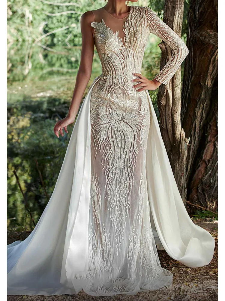 

Elegant One Shoulder Beads Sequined Detachable Train Mermaid Bride Wedding Dresses Bridal Gowns Customized