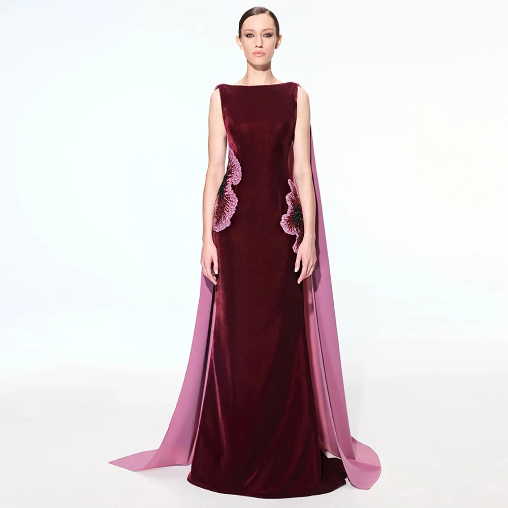 فستان حفلة موسيقية من القطيفة باللون العنابي مفتوح الظهر مخصص برقبة قارب مطرز بالترتر لحفلات السهرة مع فساتين سهرة للرقص على الرأس #4