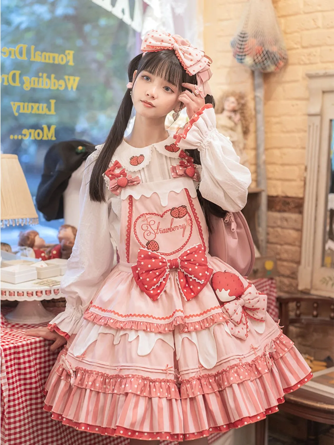 Pastoral Style Kawaii Girl Cosplay Lolita Jsk Sweet Loli Cute Strawberry Polka Dot Dress Ruffled Bow Peter Pan Collar Top Coat