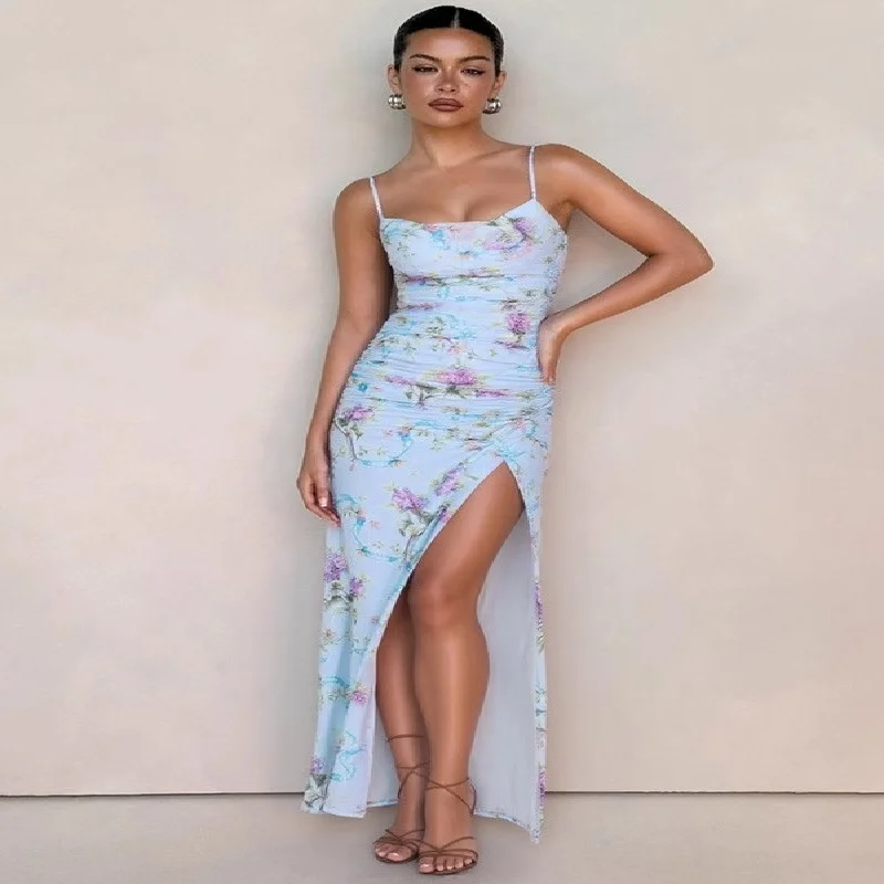 Mozision sans manches imprimé Spaghetti sangle Slash cou Sexy dos nu cuisse fendue Maxi robe femmes plissée robe de vacances été
