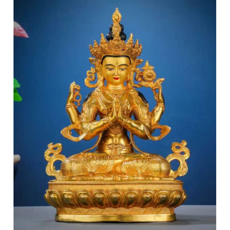 12-Inch Genuine Tibetan Gold-Plated Bronze Chenrezig Guanyin 4-Arm Armed Guanyin Statue