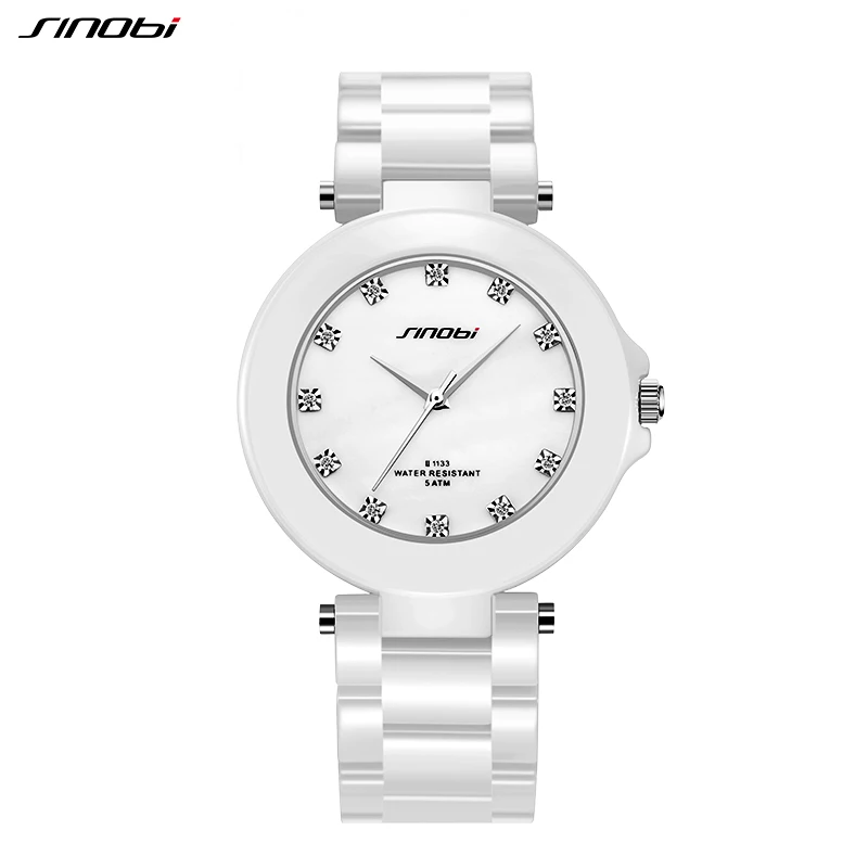 SINOBI High Quality Woman\'s Watches Fashion Real Ceramic Ladies Gifts Watch White Diamond Womens Quartz Wristwatches Reloj Mujer