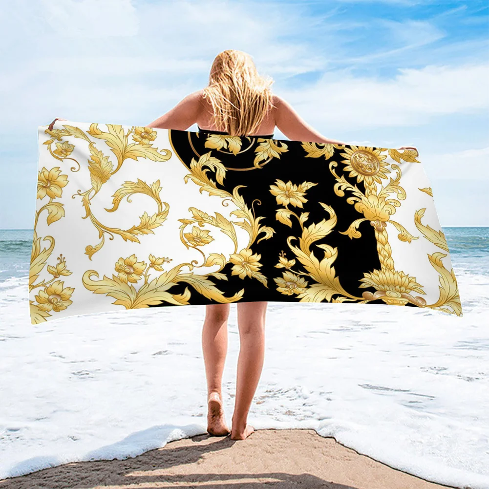 Gold Baroque Beach Towel, Luxury Black White Scroll Print, Quick Dry Microfiber, Oversized for Pool Travel, Elegant Gift