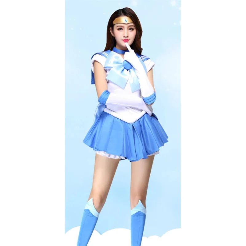 CyAthemis 애니메이션 선원 아미 미즈노 선원 머큐리 코스프레 의상 맞춤 제작 드레스 리본 장갑 양말 머리띠 성인용