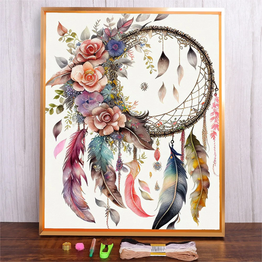 

Cartoon Flower Feather Embroidery Kit DIY Embroidery Cross Stitch Handmade Art Gift Dream Catcher Crafts Home Decor Wall Art