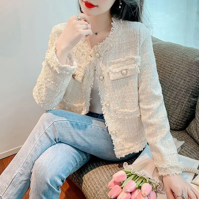 Women French Style Stylish Vintage Luxury Coats Elegant Chic Beaded Button Jackets Sweet Round Neck Long Sleeve Solid Outerwears