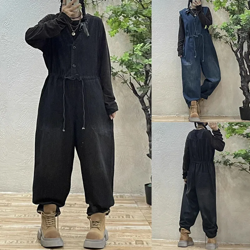 

Faionable V-Ne джинсовый комбинезон женские свободные длинные брюки плюс размер утягивающий цельный модный повседневный рабочая одежда джинсы