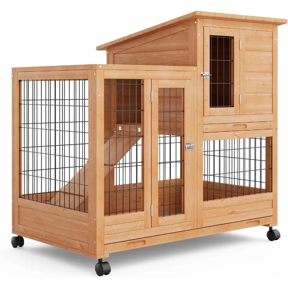 

2 story rabbit hutch chicken coop hen house poultry cage for outdoor indoor with weatherproof roof, removable tray