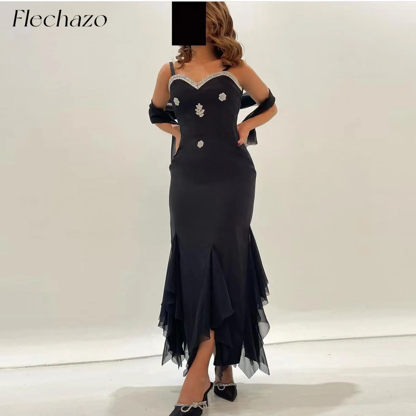 Flechazo-vestidos de Noche negros para mujer, vestido elegante fruncido con cuentas de espagueti, escote Corazón, fiesta, 2024