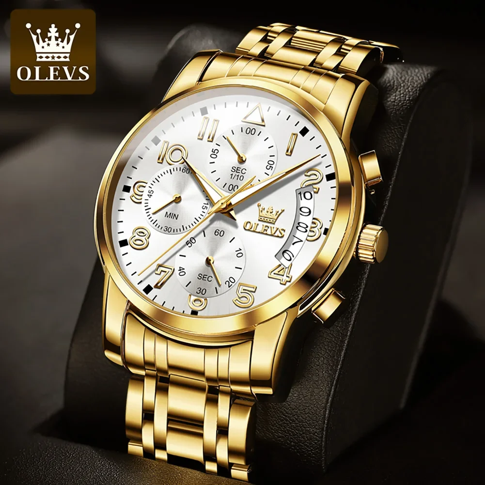 OLEVS Multifunctional Quality Quartz Men Wristwatch Stainless Steel Strap Sport Waterproof Watches for Men Luminous Chronograph