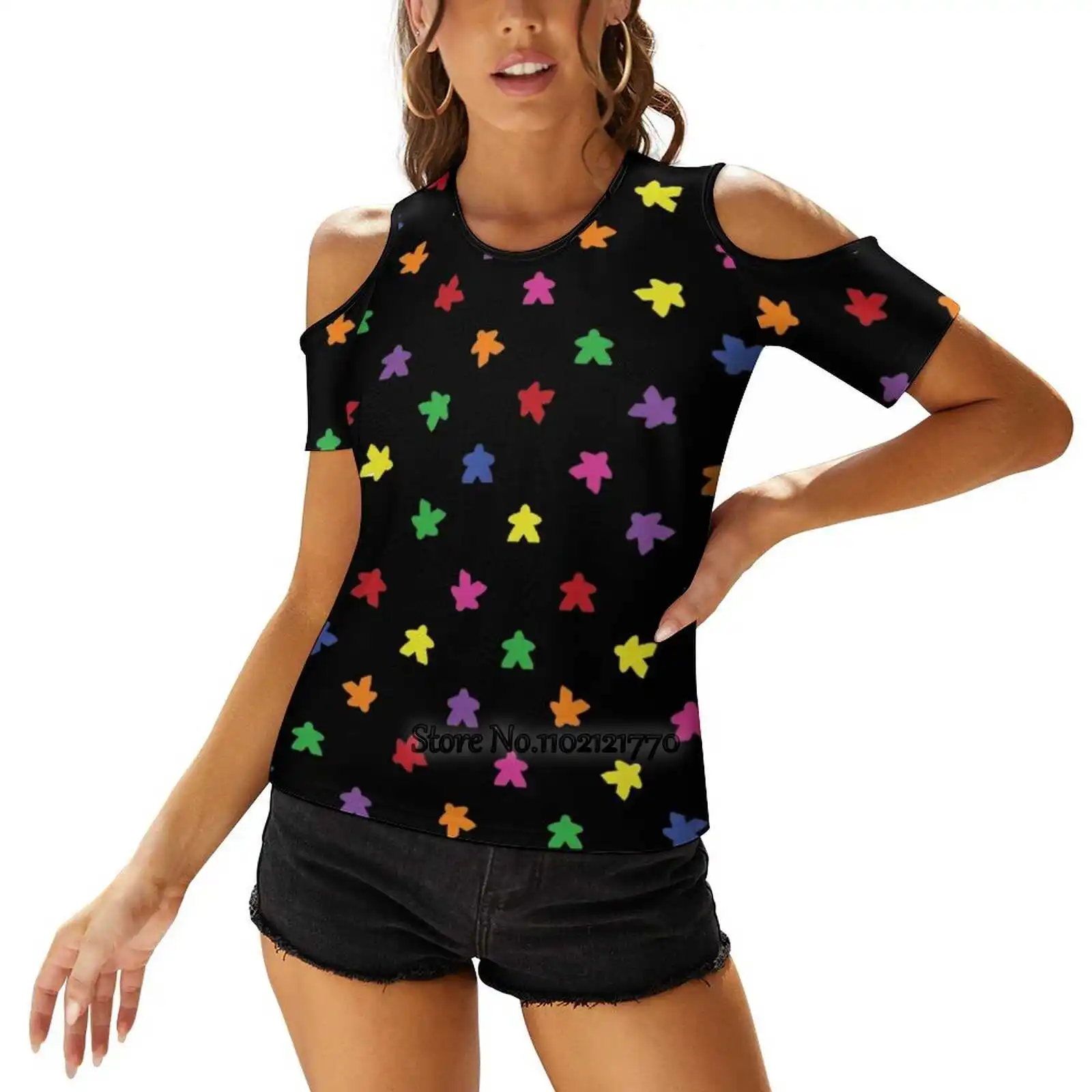 Meeples Everywhere Sexy T-Shirt Casual Tops Pullover Ladies Top Back Lacing T Shirts Meeples Board Games Tabletop Games Geek