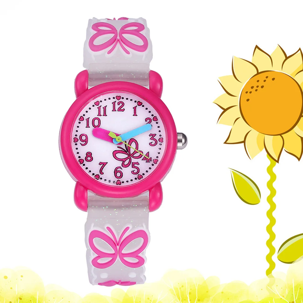 Fundo branco rosado 3D desenho animado dinossauro padrão pulseira de silicone relógio de pulso de quartzo à prova d'água presente para borboleta