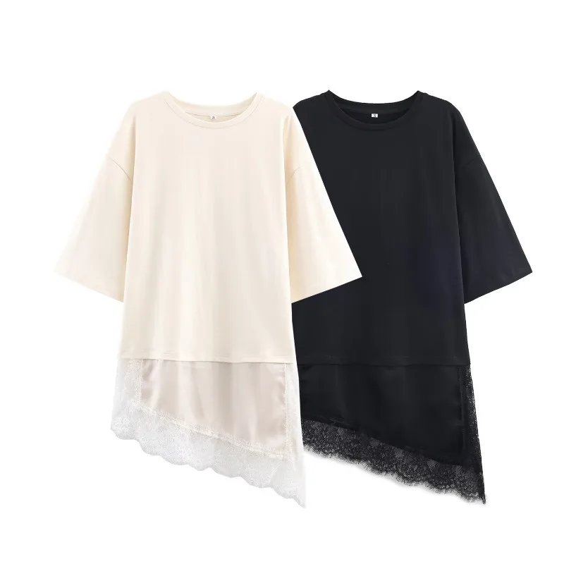 T-shirts longs en dentelle irrégulière pour femmes, pull élégant, vêtements d'intérieur, col rond, manches courtes, Chic de rue, pour dames
