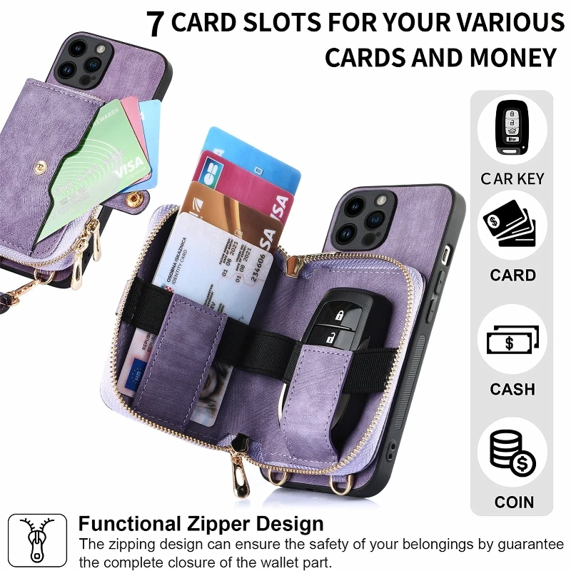 Back Zipper Card Slot Phone Case For iPhone 16 15 Plus 14 13 12 11 Pro XR X XS Max 7 8 Plus Protective Cover With Shoulder Strap image 4