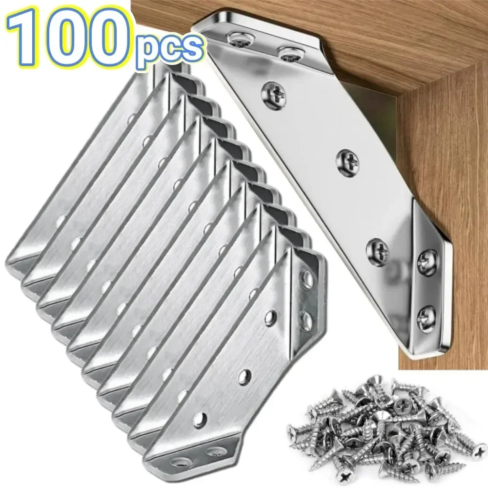 

100Pcs Stainless Steel Corner Bracket Furniture 90 ° Fixed Connector Cabinet Corner Bracket Support Angle Bracket with Screws