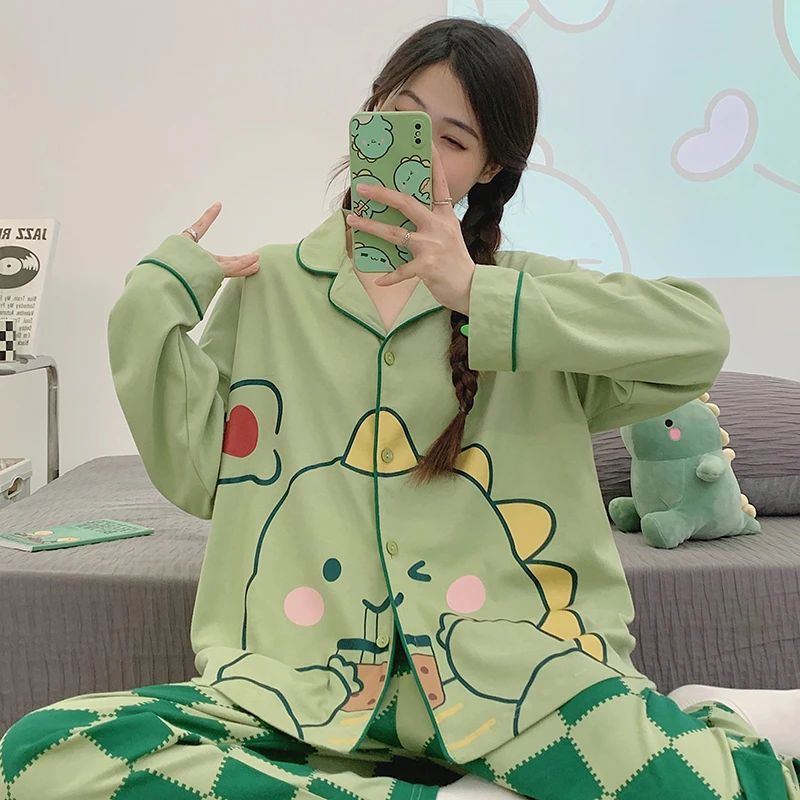 Autumn Women Pajamas Sets Clothes Cotton Long Sleeve Sweet Sleepwear Cartoon Dinosaur Print Adult Pijama Loungewear Pyjama Pour