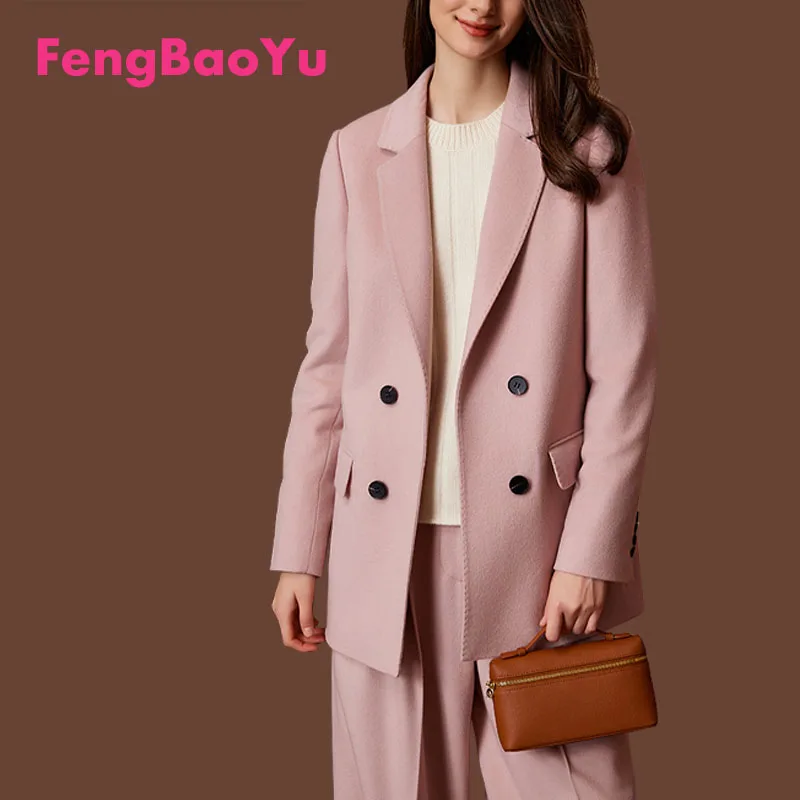 Fengbaoyu High-end Quality Luxury Women's Coat Casual Suit Loose Jacket Autumn Winter Double Breasted Pink Coat Free Shipping