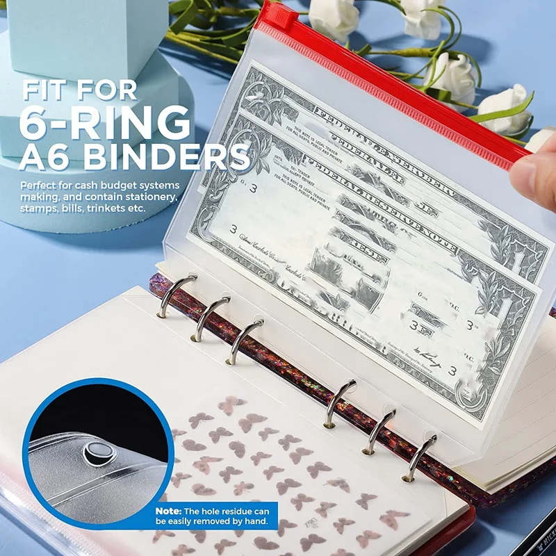 18 PCS A6 Binder Pockets 6-Ring A6 Zipper Pouch For Budget Binder, Waterproof Plastic Envelope Folders Pouch Bags