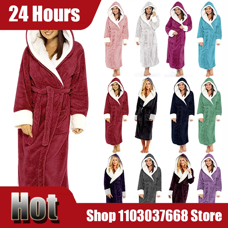 

Женский халат с капюшоном, регулируемый пояс, ночная рубашка средней длины, женская домашняя одежда, зимний толстый флисовый теплый халат на шнуровке