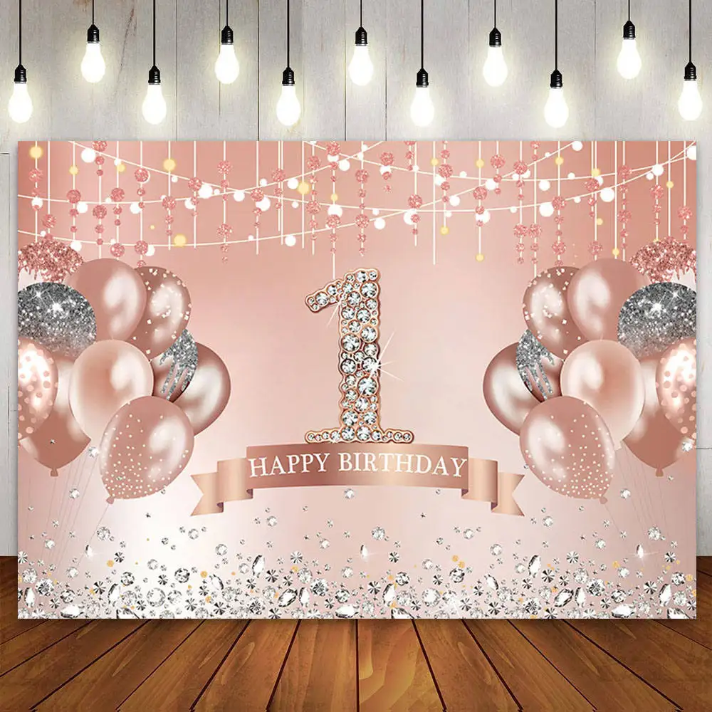 

Happy 1st Birthday Backdrop for Girls One Year Old Pink Rose Gold First Bday Party Decoration Cake Banner Photography Background