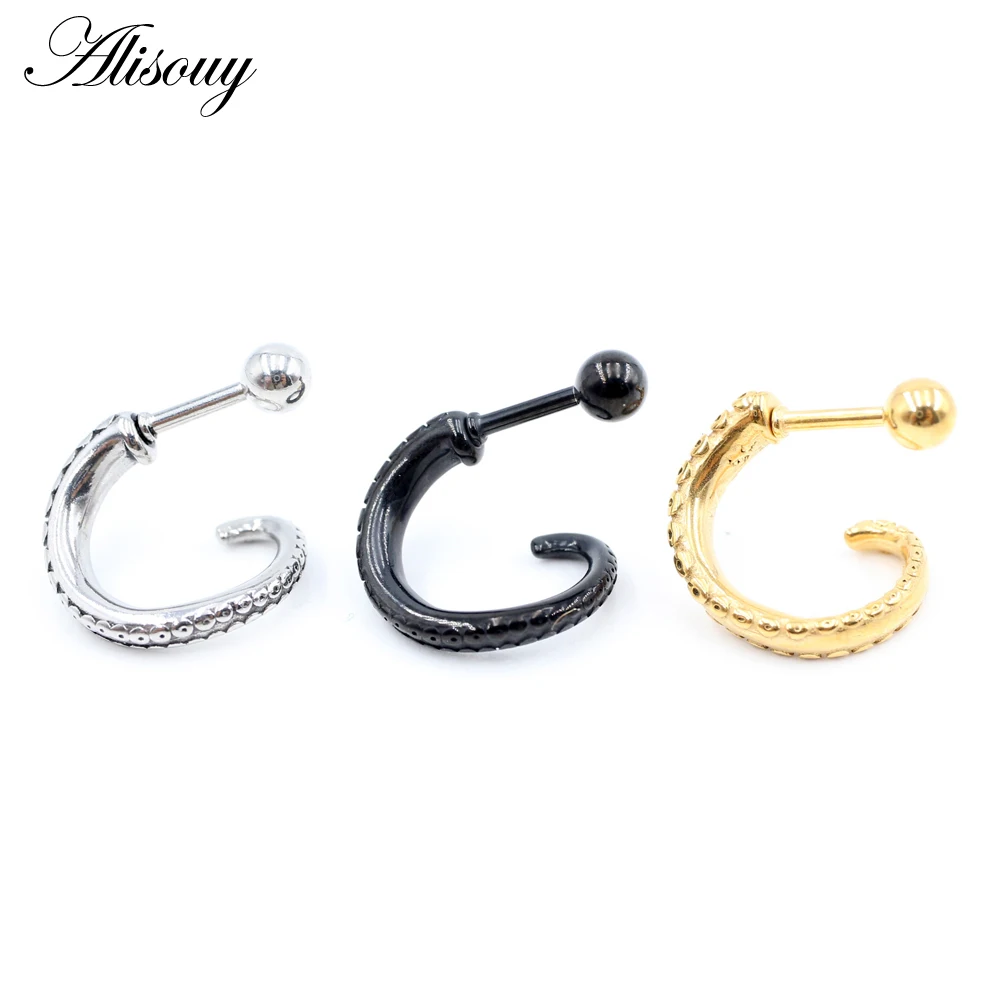 Alisouy 2PCS Stainless Steel Octopus Squid Tentacle Antenna Women Men Ear Stud Earrings Cartilage Tragus Helix Pierceing Jewelry