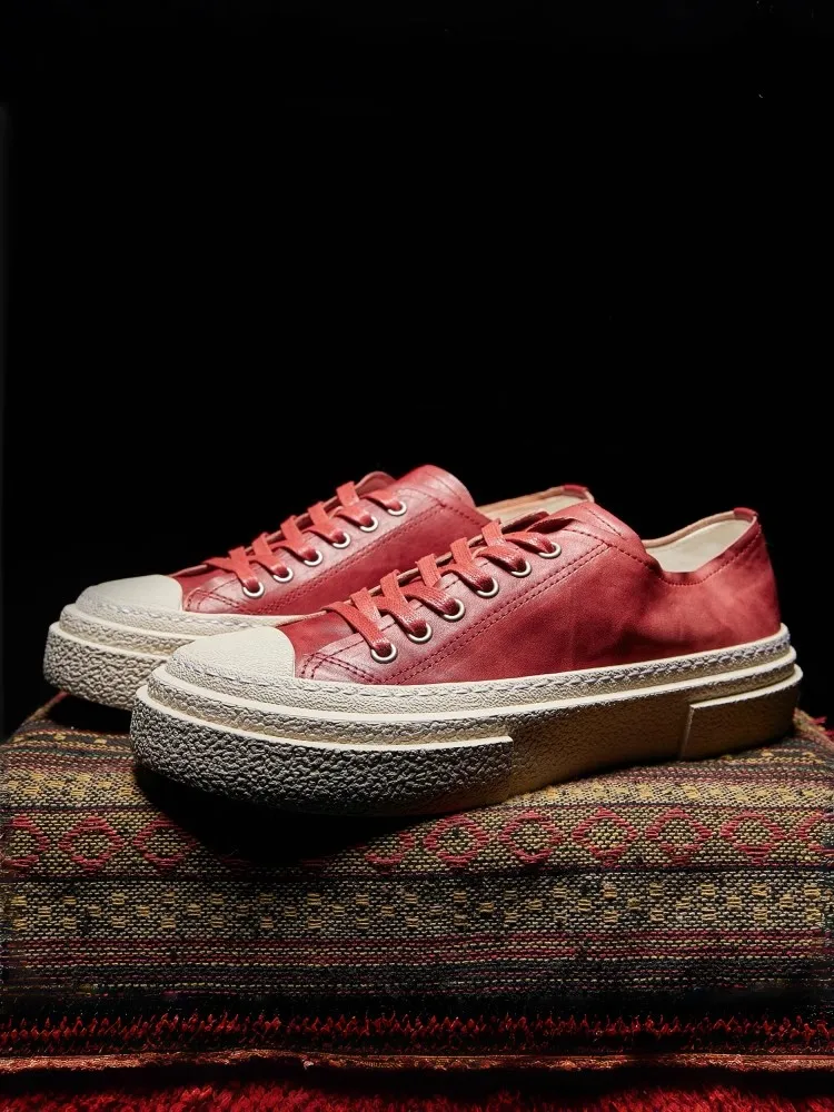 New Mens Low Cut Lace Up Skateboard Shoes Horsehide Genuine Leather Casual Shoes Flats Joggers Sneakers Vintage Breathable Shoes