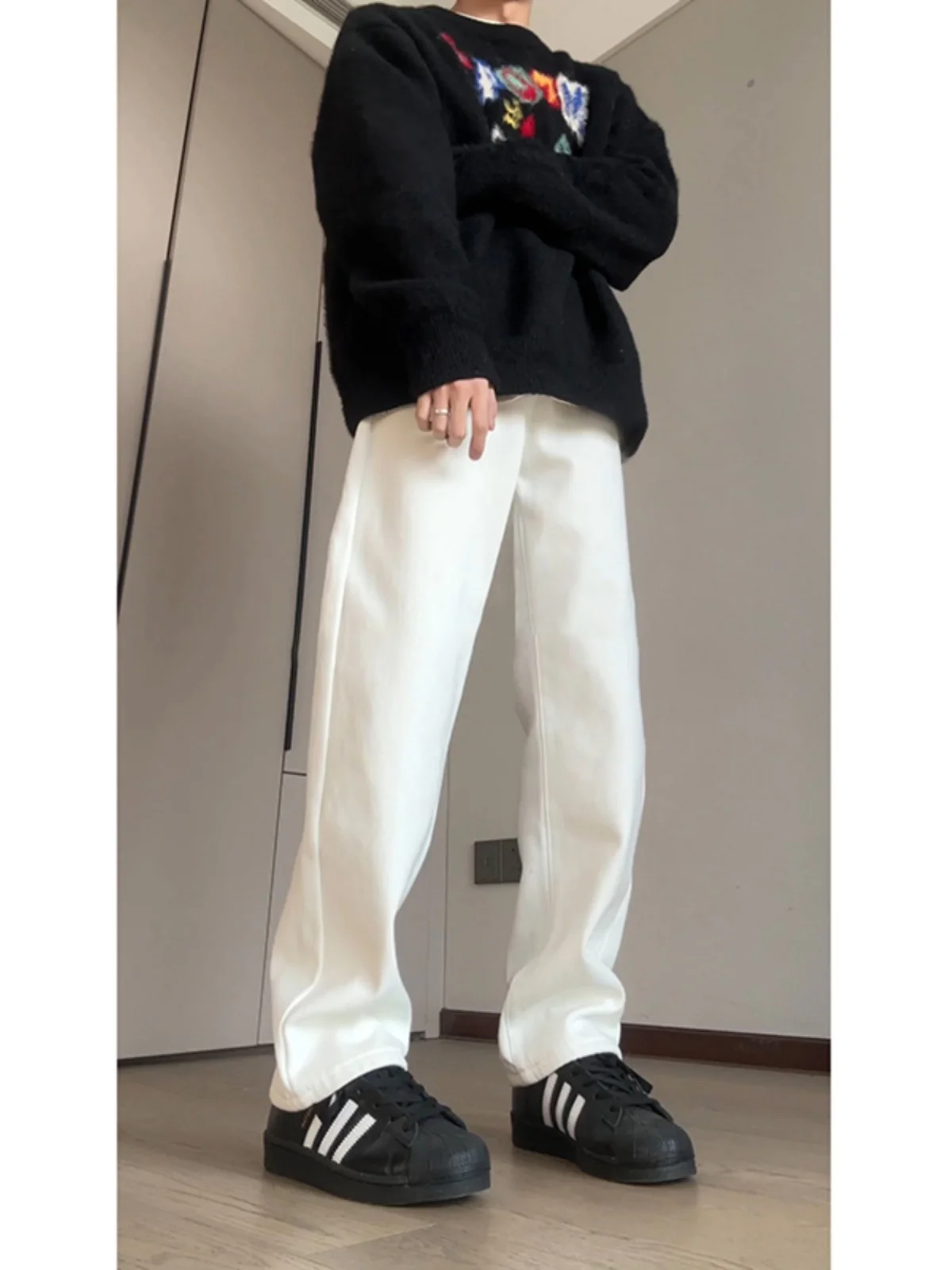 

Cleanfit American Sle Fce Lined Straight Leg Jeans Men's OOTD Autumn Winter Long Leg Effect Loose Fit Jeans in White