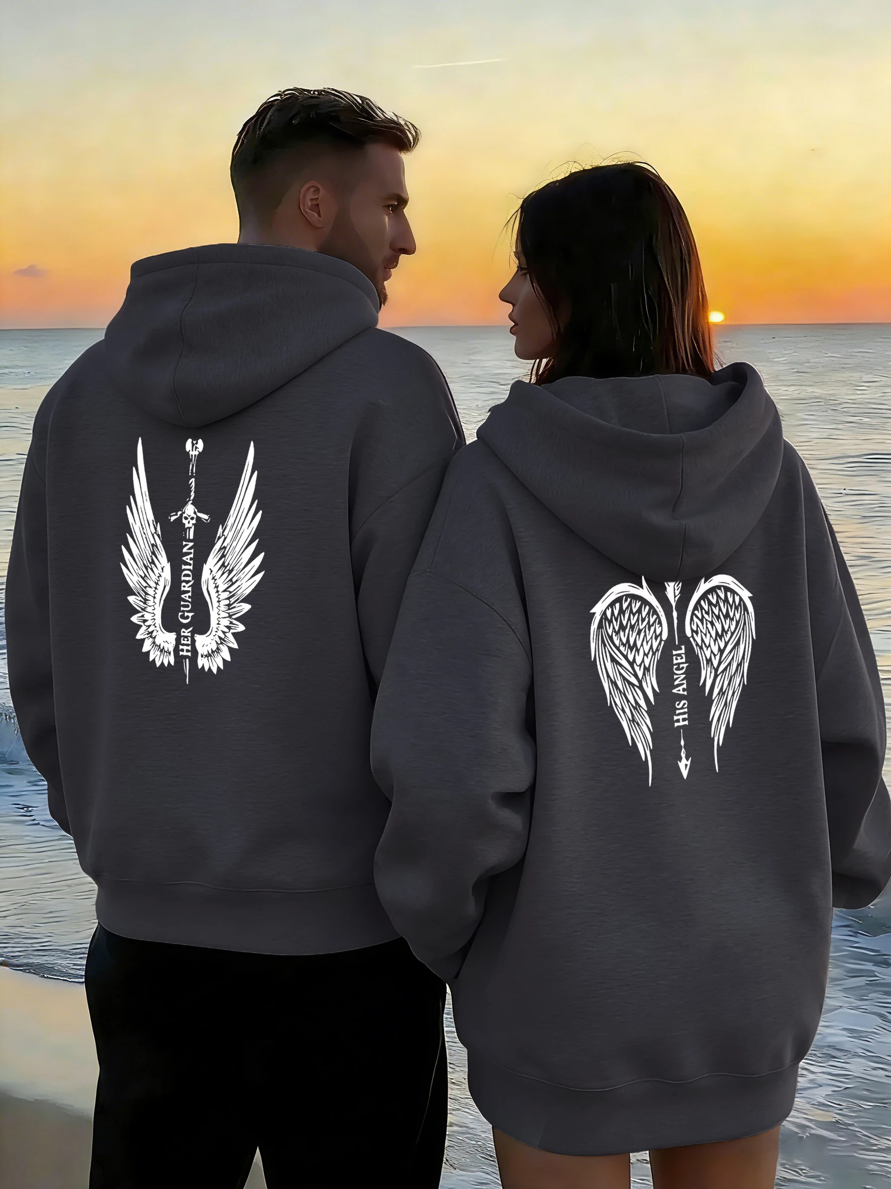 

Мужские осенние теплые толстовки с принтом Her Guardian His Angel, повседневные модные толстовки с капюшоном, спортивная уличная одежда с длинными рукавами, топ для пар