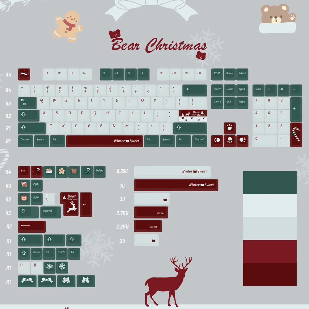 Christmas Bear Keycap Green White Red KCA Profile 142 Keys DYE Subbed PBT Full Sets For Cherry MX Gateron Kailh TTC Switches