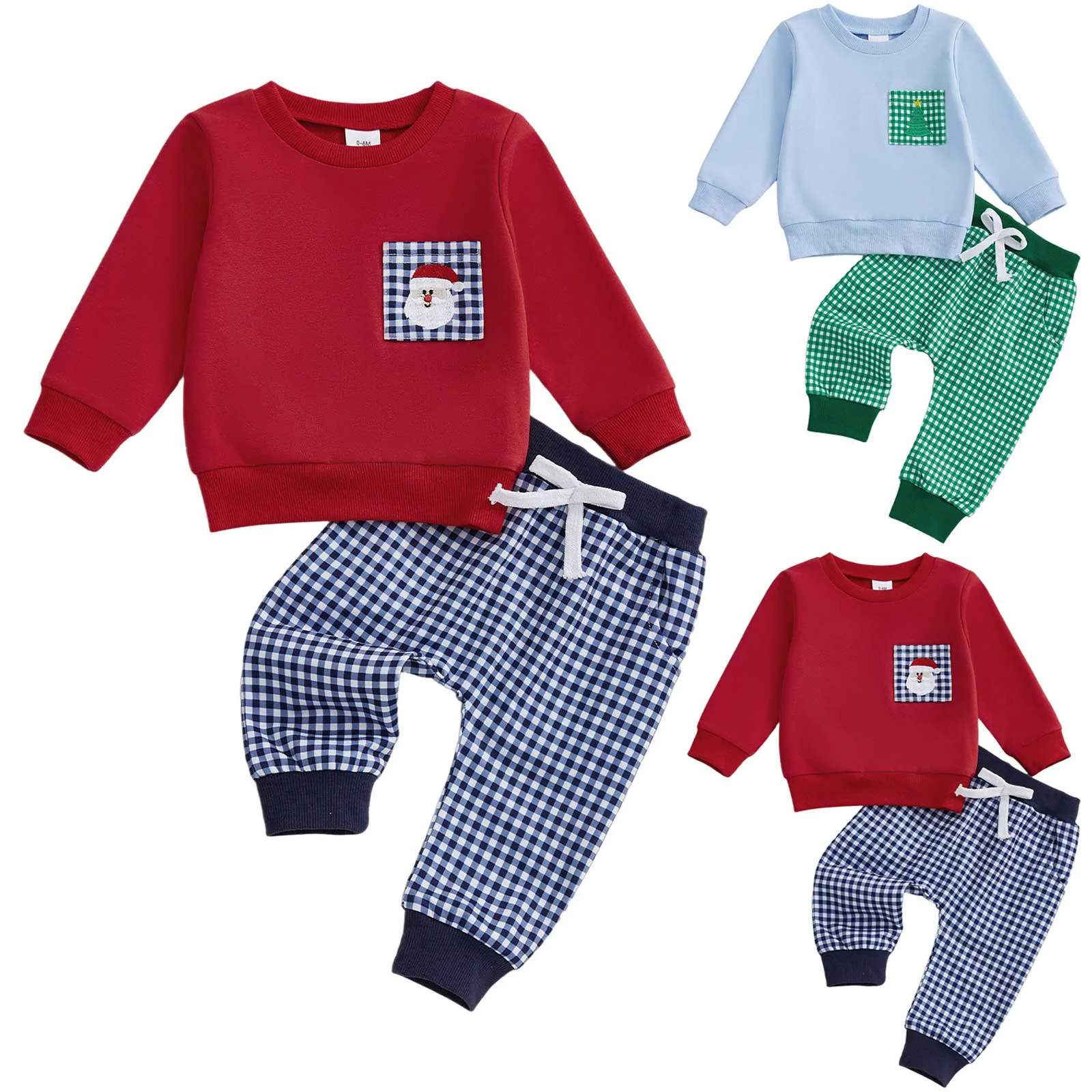 

Baby Boy Christmas Outfit Set Long Sleeve Embroidered Sweatshirt and Gingham Checkered Pants Festive Comfortable Two Piece Sets