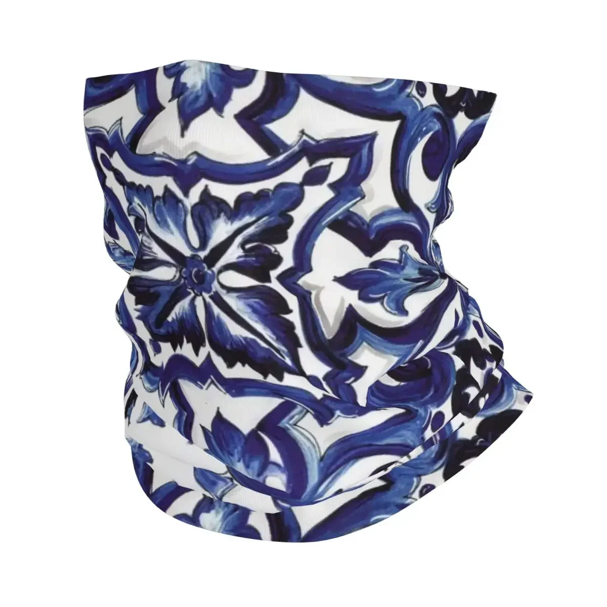 Blue Ornate Floral Mediterranean Sicilian Tile Bandana Neck Cover Mask Scarf Multi-use FaceMask Cycling For Men Adult Washable