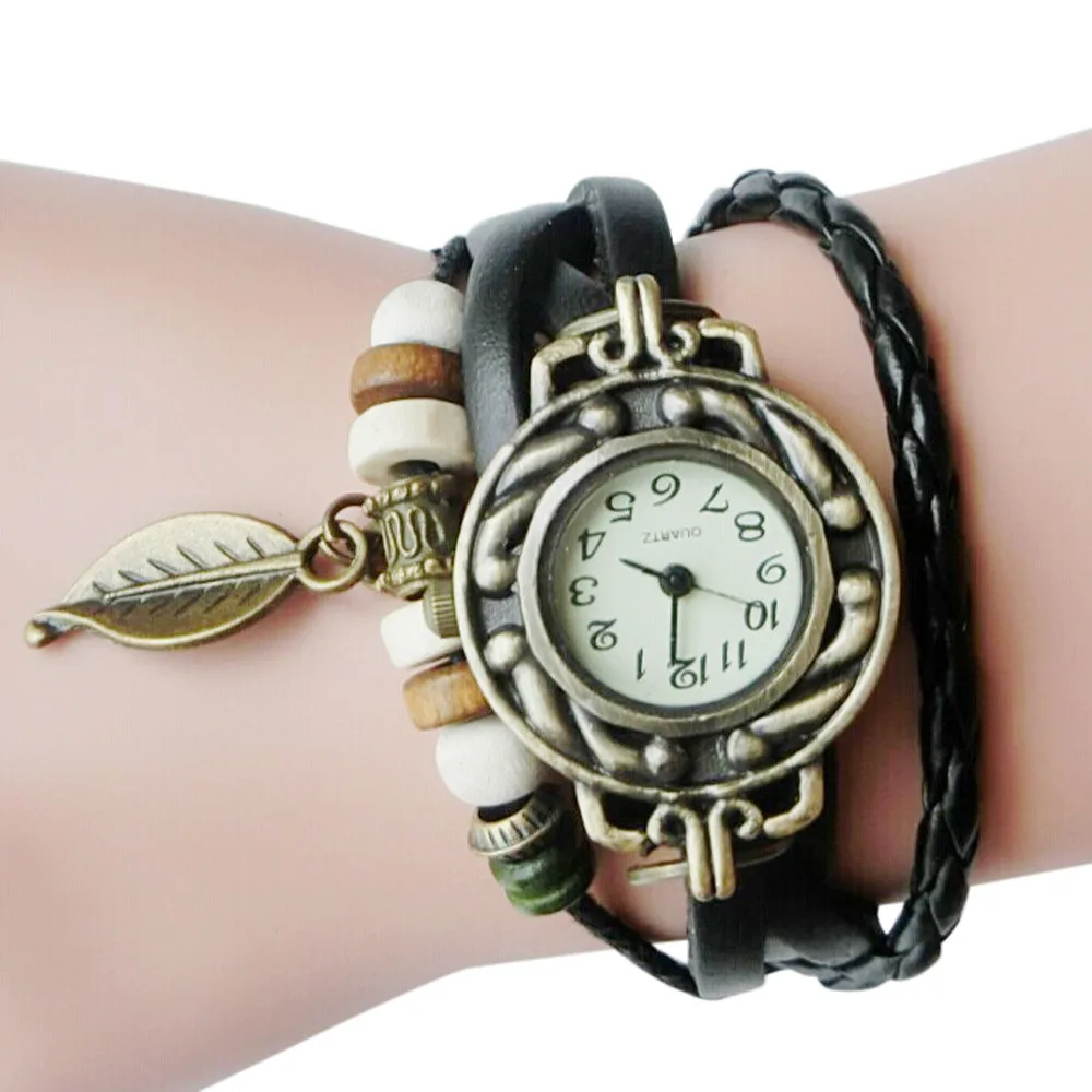 Fashion Women Watches Retro Leather Winding Bracelet Leaf Pendant Watch Hand Accessories Decoration Ladies Watch Montre Femme