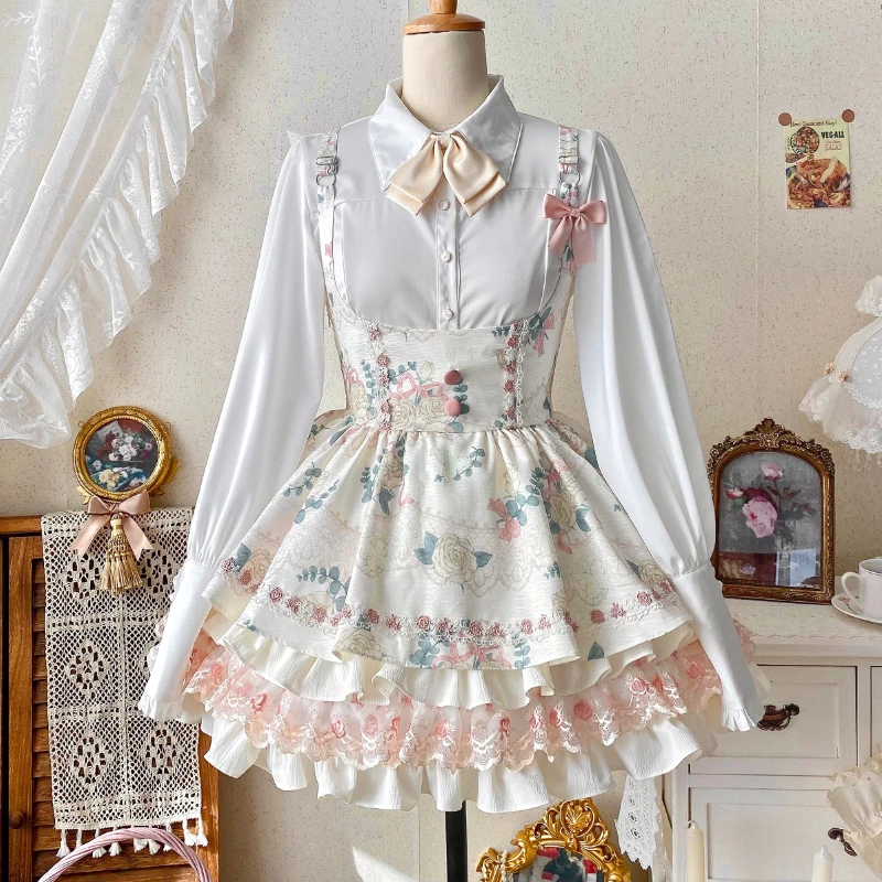 Japanese Kawaii Lolita Jsk Dress Women Sweet Flower Print Lace Ruffles Bow Sleeveless Princess Dresses Cute Bandage Mini Dresses