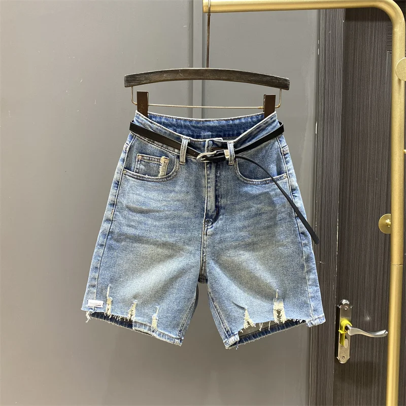 

Летние потертые джинсовые шорты, женские прямые брюки в европейском стиле с высокой талией, свободные универсальные полуджинсовые брюки 2025 г.