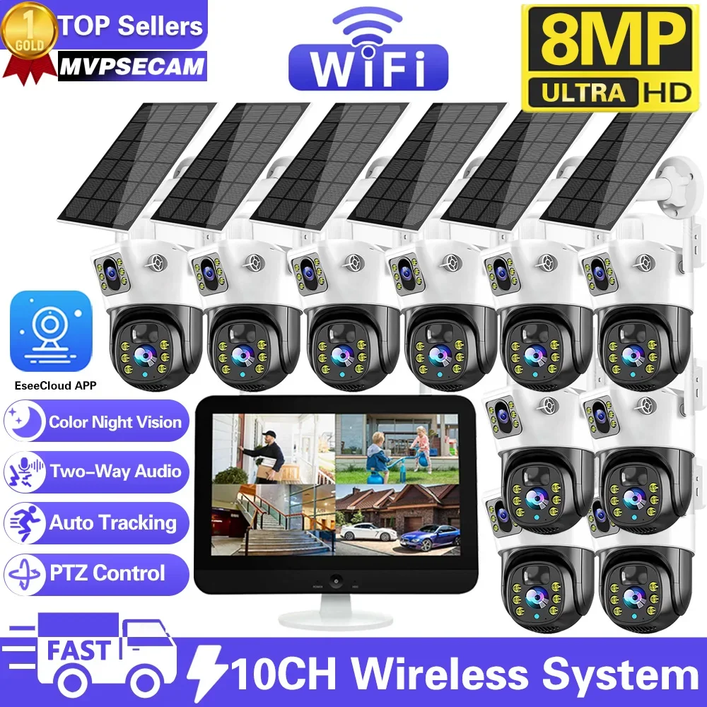 

100% Wire-Free Solar PTZ Dual Lens 12.5" LCD Monitor 10CH WiFi NVR Home Security IP Cam System Wireless 4K 8MP CCTV Surveillance