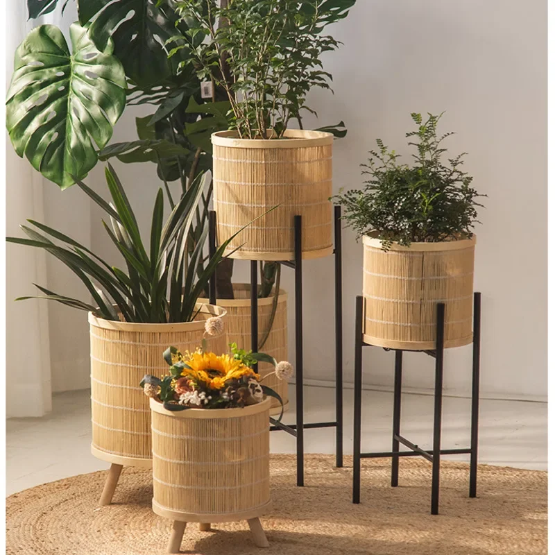 Floor Standing Flower Stand Turtle Back Bamboo Display Rack Nordic Bamboo Weaving Plant Shelf Versatile Scene Decorative Shelf