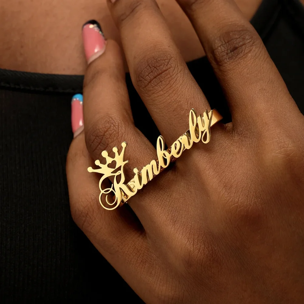 Haiyufly Custom Two Fingers Name Ring for Women Personalized Stainless Steel Jewelry Adjustable Men Nameplate Ring Birthday Gift