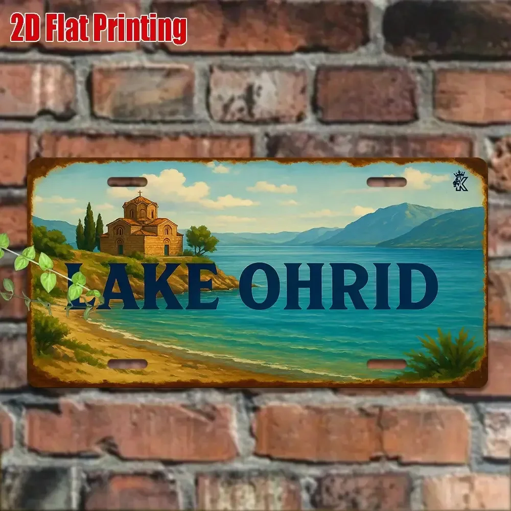 2D Flat, 1pc Ohrid Lake Vintage Metal License Plate Macedonian Balkan Landscape Wall Decoration Rural Albanian Alpine Cottage