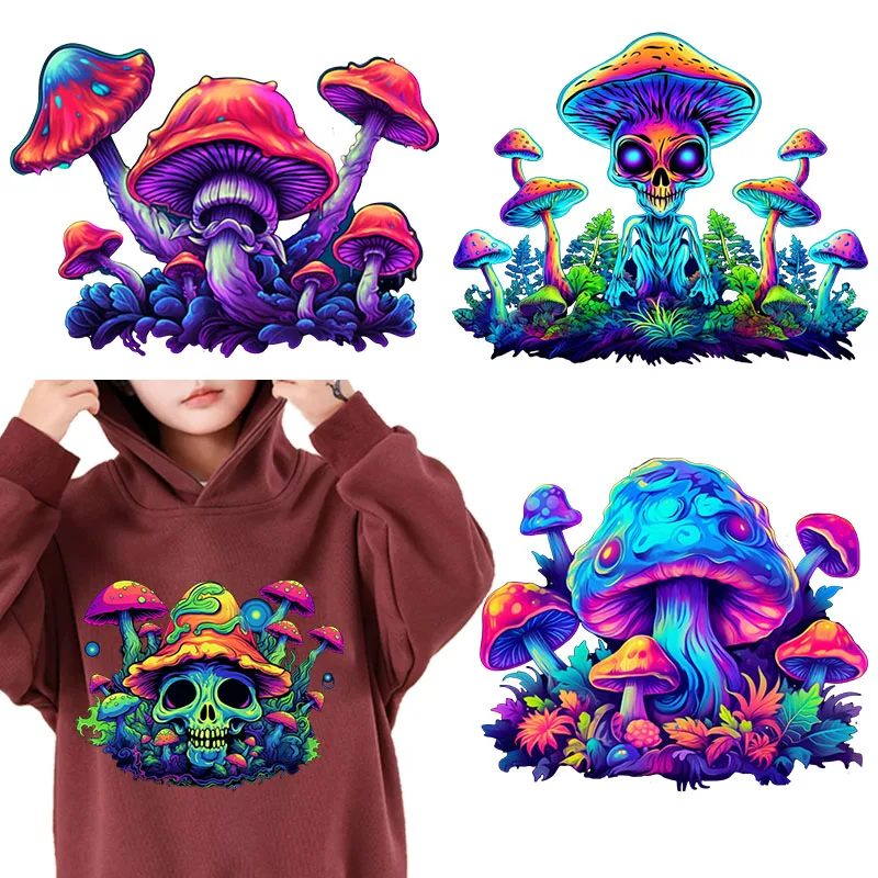 Latest Design Fluorescent Mushroom Alien iron on transfer for clothing dtf transfers ready to press Heat Transfer Printing