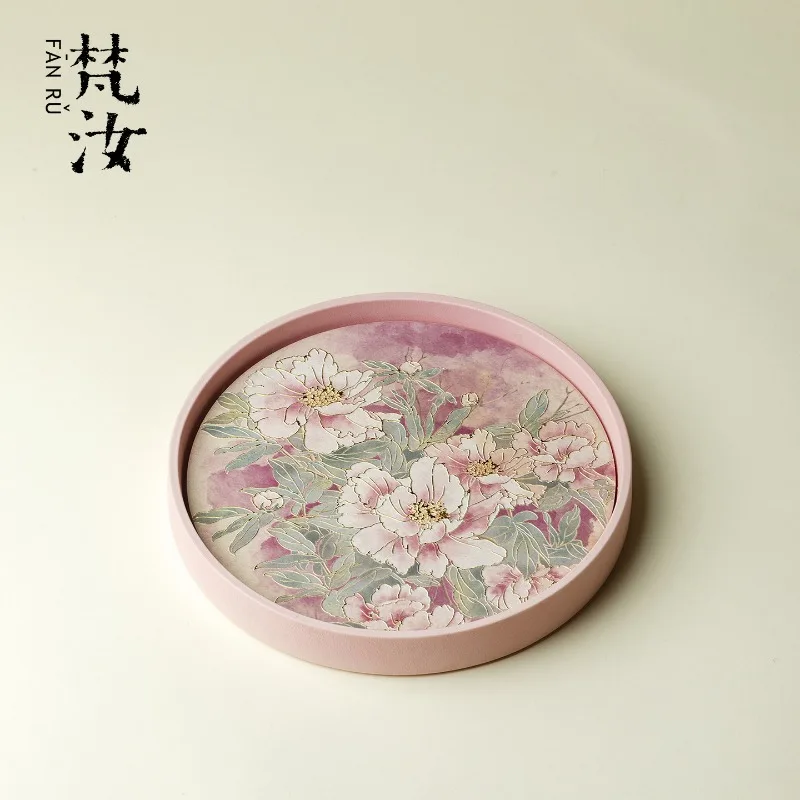Pastel hand-painted powder peony absorbent tea tray high value ceramic dry brewing tray teapot cover bowl tray small tea table