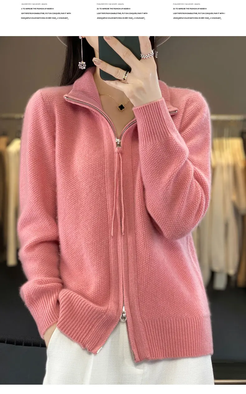 Autumn And Winter New Thick Two-Way Zipper Wool Cardigan Women's Loose Casual Sweater Solid Color Knitted Cashmere Coat