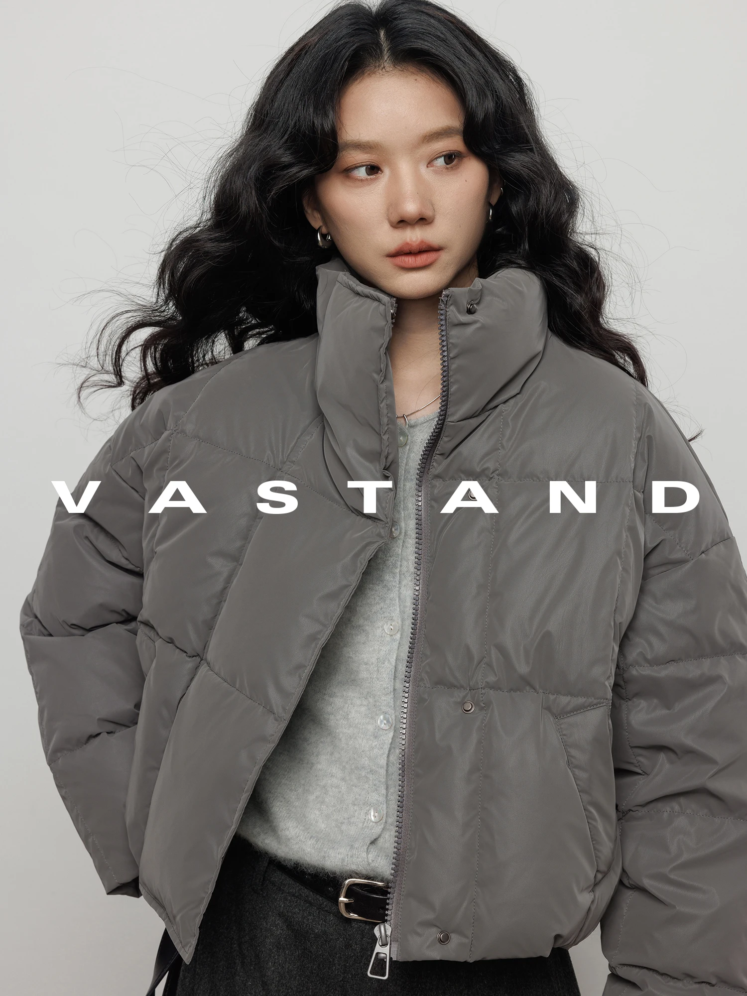 Vastand Winter Short Puffer Jacket Stand Collar Duck down Simple Bread Style Outerwear Women's Loose Fit Warm Polyester