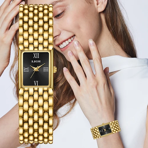 Imagen 1 del producto LIGE 2025, nuevo reloj dorado a la moda para mujer, reloj de cuarzo de lujo, pulsera de acero inoxidable, relojes Retro resistentes al agua hasta 30M, reloj para mujer
